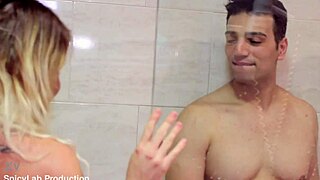 Three wet girls reverse gangbang fetishist with intense pussy fucking and cum swapping