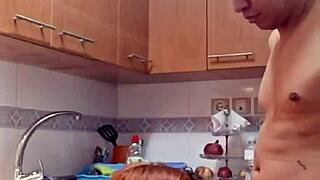 mature milf bent over kitchen counter takes juicy anal creampie