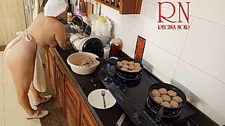 NUDE HOUSEWIFE REGINA NOIR COOKS NAKED IN KITCHEN!