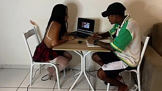 Guy leaves brazilian teen girlfriend studying then friend rams her hard