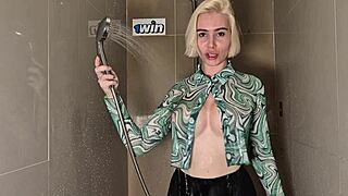 sexy blonde with huge tits soaks clothes wet vs dry shower haul