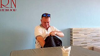 naked waitress serves food from her navel to horny restaurant guest backstage