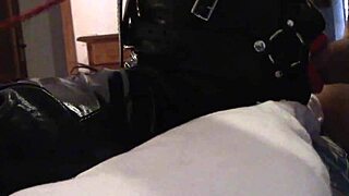 Very close view of Laura gagged and drooling on a big cock