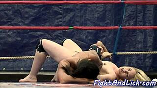 Petite lesbian babe wrestles euro dyke with licking and fingering