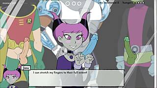 Busty Jinx gives a blowjob to all the guys in 18titan's video