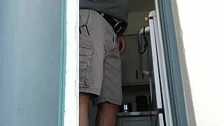 Why is that mature shaved amateur jacking off his cock at the outdoor door?