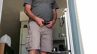 Why is that mature shaved amateur jacking off his cock at the outdoor door?