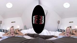 in this virtual taboo scene, a blonde milf handles two cocks with her mouth and hands