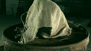 Barrel girl submits to master in kinky bdsm humiliation with slave roleplay and fetish elements