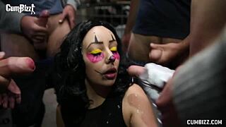 Swalloween prank with teens goes wrong, leading to blowjobs and facials in a halloween blowbang.