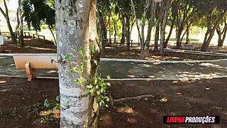 Wow, busty brunette banging hard in the park! Crazy hot!