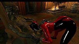 3D cosplay couple Harley Quinn and Lizardman in doggy style