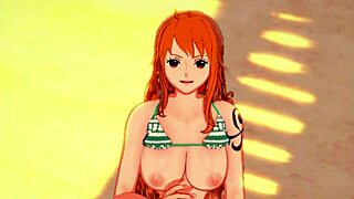nami from one piece gives an amazing handjob on the beach with joi 😍