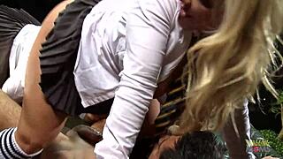 uhh, two busty milfs in uniforms, blonde n brunette, ridin a huge cock together!