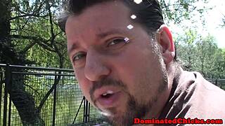 bounded teen slave with big tits deepthroats dom's cock while tied up in bdsm domination