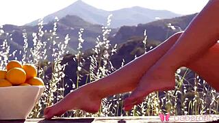 solo blonde sexy scarlet red is masturbating outdoor