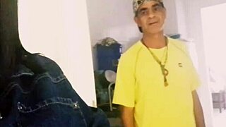 latina brunette with tattoo sucking father-in-law's cock and getting pussy fucked in the pantry until orgasm