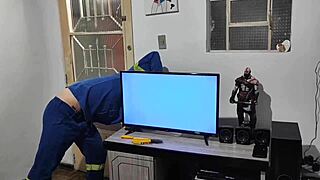 Young Babe Pays Electrician With Wet Pussy And Spitting Blowjob