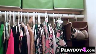 Blonde milf Amanda Booth strips to reveal her hot petite body