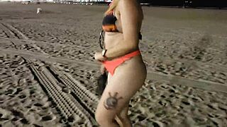 Blonde beach babe flashes tits and pussy in public voyeur scene