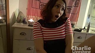 charlie feels intense pleasure with a big glass dildo