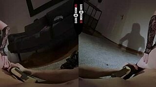 Redhead in dark room vr feels intense pleasure