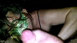 milf in green mask licks and sucks thick cock.