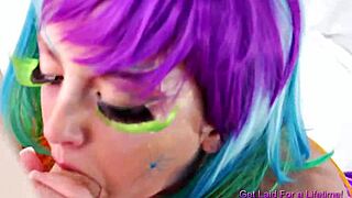 Rainbow Haired Teen Says, 'Watch Me Deep Throat This Dick!' Bent Over In Spandex!