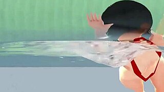 Leo Anime Girl Swims in Micro Bikini with Nip Slip