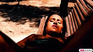 This blonde babe gives a little handjob with fingering. 😉