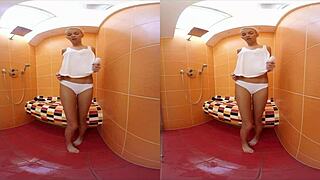 Karol Lilien bends over for doggystyle cock in shower and room.