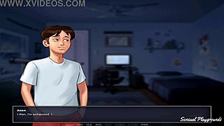 Stepsister in Summertime Saga masturbates with big dildos, showing her big tits and ass.