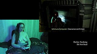 Brunette with long hair plays Deadspace naked in part 3