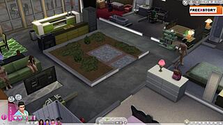 A sims life episode 1 - animated 3d game scene with cartoon characters in hentai style.