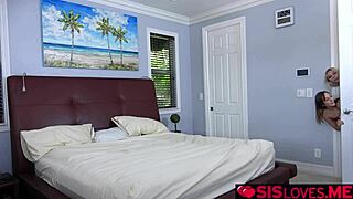 Brunette and Blonde Stepsiblings Finger Each Other in Bedroom