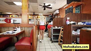 Horny busty girls share huge cock in public