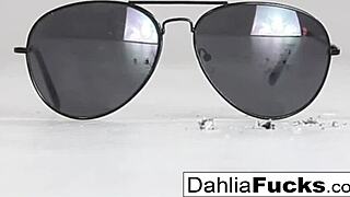 Hot blonde babe Dahlia Sky enjoys solo masturbation, touching her tits, ass, and pussy.