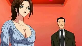 The milf with big tits wears a yellow dress in the uncensored hentai cartoon.