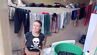 Neighbor secretly filmed me naked washing clothes, so I gave him my wet pussy