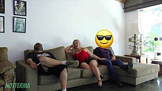 Blonde milf wife cheats with friend next to husband