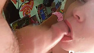 cute tattooed girl in fishnets swallows huge penis whole with horny cumshot