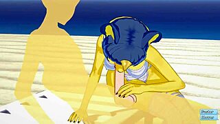 Ankha from Animal Crossing relaxes on the beach.