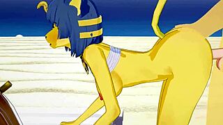 Ankha from Animal Crossing relaxes on the beach.
