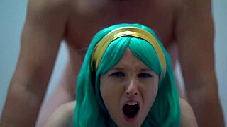 A couple enjoys intimate moments in bed, with the blue-eyed babe receiving a creampie