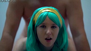 A couple enjoys intimate moments in bed, with the blue-eyed babe receiving a creampie