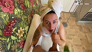 horny bitch with big tits sucks on new phone