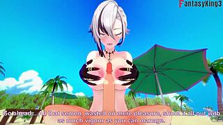 Arlecchino bangs hard in bikini on beach, full fantasy in 3D! 🌊