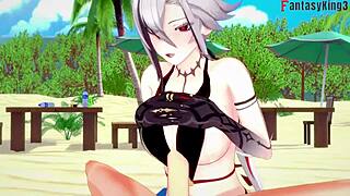 Arlecchino bangs hard in bikini on beach, full fantasy in 3D! 🌊