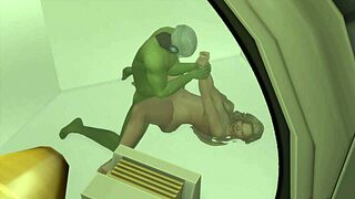space soldier rescues two curvy blonde whores from a green goblin in wild pov action.