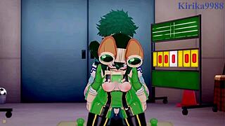 want to see tsuyu asui and mt lady get creampied by izuku midoriya in intense hentai sex?